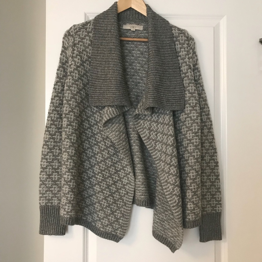 LOFT Gray Chunky Knit Open Collar Cardigan Wool